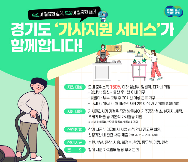 경기도, 맞벌이·다자녀 가정 등에 `가사지원서비스` 시작